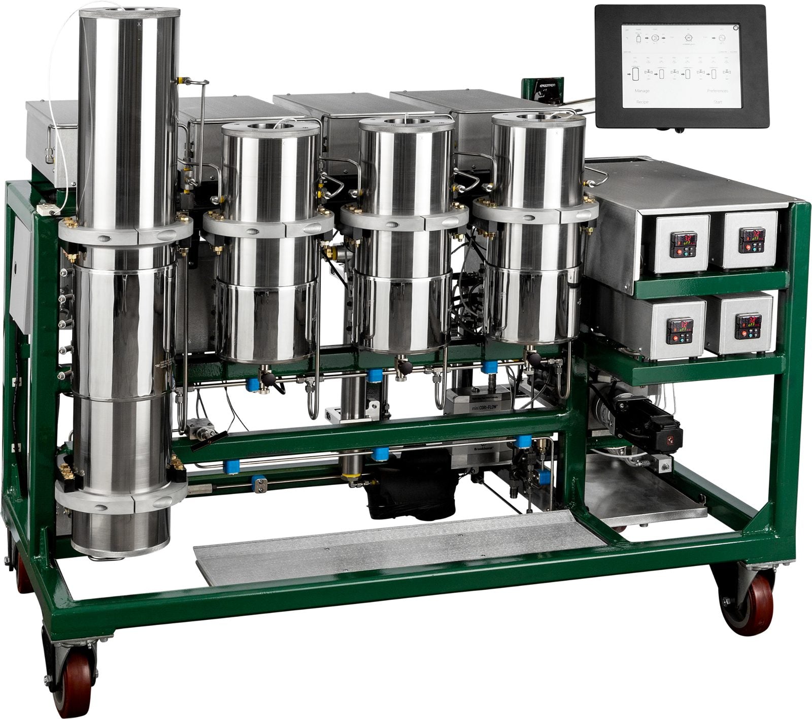 Single-vessel CO₂ extraction system with three separators on a green frame